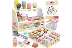 Atoylink Jouets de Crème Glacée en Bois pour Enfant, Marchande Enfants Dinette en Bois avec Jouets Aliments Argent pour Jouer Cornets de Glace Accessoire Cuisine Cadeaux pour Fille 3 4 5 6 Ans
