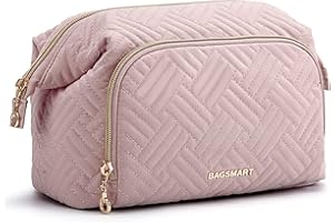 BAGSMART Bolsa de maquillaje de viaje, organizador de maquillaje, bolsa grande y abierta, para mujeres, bolso para artículos de tocador, accesorios y pinceles, Rosa.