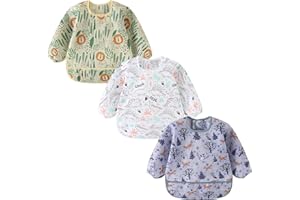 ElecMotive 3 Pack Long Sleeve Baby Bibs, Waterproof Sleeved Bib, Toddler Soft Bib for 6-30 Months