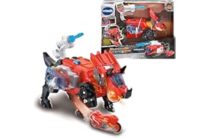 VTech - Switch&Go Dinos, Salvador tricerátops camión de Bomberos, Incluye Moto de Rescate, Cañón de Agua, Juguete transformable 2en1 Dino-Car, para niños +3 años, Exclusivo en Amazon, Versión ESP
