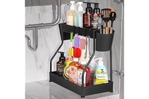 DOBIGER Unter Waschbecken Regal 2 Etagen, Under Sink Organizer mit 4 Haken und 2 Tasse, Putzmittel Organizer für Küche, Spülbecken, Bad, Schrank, küchen Organizer Schwarz