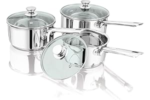 Penguin Home Lot de 3 casseroles en acier inoxydable avec couvercles en verre et poignées rivetées en acier inoxydable Compatible induction et four 16 cm 3547