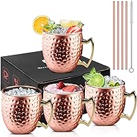 VPOW 4 Stück Moscow Mule Becher, Kupfertassen Moscow Mule Kupferbecher 4er Set, Cocktail Tasse mit 4 Strohhalmen und 1…