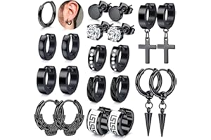JeweBella 11Pairs Mens Earrings Stainless Steel Silver Black Stud Earrings Small Hoop Earrings Zirconia Earrings Set Cross Dangle Hoop Earrings Hypoallergenic Piercing Cartilage Earrings for Men Women
