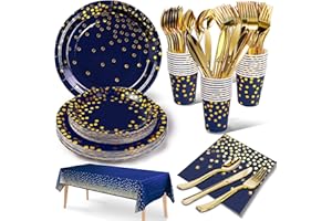 Nkaiso Party Tableware Navy Blue Gold 141 Pieces Paper Tableware Set Includes Paper Plates Napkins Paper Cups Tableware, for Wedding Shower, Engagement, Wedding, Birthday (20 Guests)