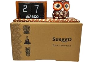 SusggO Calendario Perpetuo de Madera Animales Buho Gato Artesania Decoración para la Mesa, estantería, Escritorio, sobremesa (Buho Marron BM)