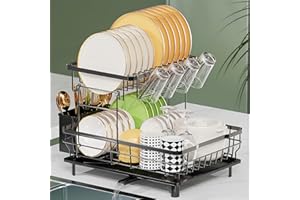 LIONONLY 2 Livelli Grandi Scolapiatti da Lavello con Drenaggio Automatico, Acciaio Inossidabile Sgocciolatoio con Ugello a Spirale e Portaposate e Portabicchieri,Scolapiatti da Appoggio