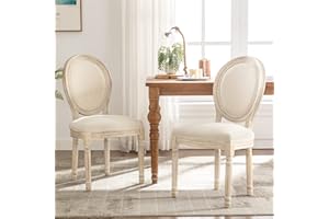 HomeMiYN French Dining Chairs, Upholstered Linen Fabric Chair with Round Back, Retro Elegant Classic Kitchen Chairs with Carved Legs for Dining Room Living Room,Set of 2(Beige)