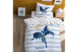 OMYDREAM Batman Team Parure de lit Enfant 1 Personne | 100% Coton | Oeko TEX | Housse de Couette 140x200 cm + Taie d'oreiller 63x63 cm | Imprimé Réversible Garçon | Bleu