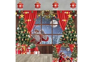 TENCOW Toile de Fond d'Hiver Noël - Père Noël, Neige, Fenêtre, Arbre, Photographie Forêt Nuit, Fenêtre en Bois, Lune, Cadeaux - Vacances Famille Cabine Photo (210 x 150 cm)