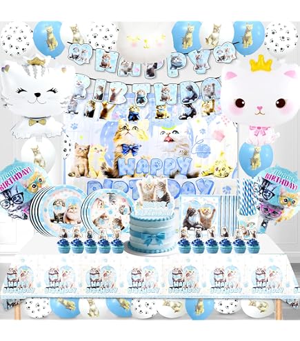 Set di forniture per feste di compleanno di gatti - include striscione di buon compleanno, piatti, tovaglia, tazze, palloncini, cannucce, per decorazioni per feste a tema gatto per 20 persone