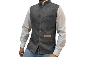 Yiaisafa Jagd Herren Stand-Up Kragen Mock Tweed Westen Retro Herringbone Weste Vintage Hochzeit Gilet Wollen Bräutigam