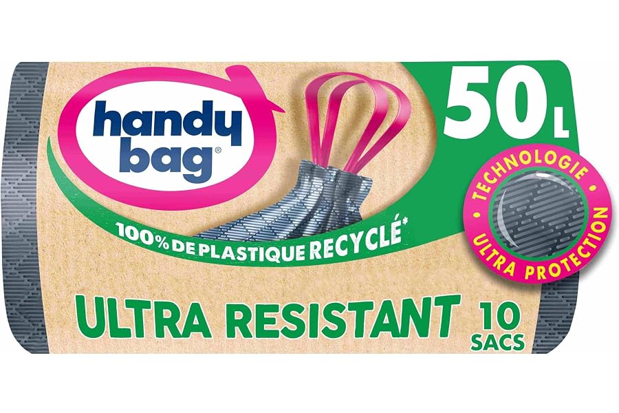 Handy Bag Sacs poubelle à poignées coulissantes Ultra Résistant & Fond anti-fuite, 100% plastique recyclé, 1 rouleau de 10 sa