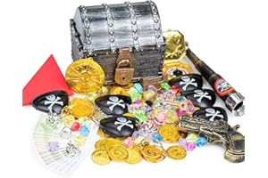 Pashali Pirate Treasure Chest Costume Accessories-Large Toy Box with locks Pirate coins Gems Money Party Supplies with Red Hood, Gun, Eye-Patches, Swords, Telescope,Rings, Earrings,Badge