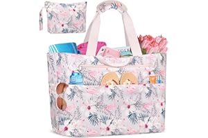 BTNEEU Bolsa de Playa Grande XXL con Cremallera Bolso Playa Familiar 50L Impermeable Bolso de Viaje Mujer Plegable Beach Tote Bag con 14 Bolsillos Shopper para Piscina Picnic Gimnasio (Rosa Flamenco)