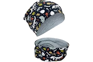 HECKBO Children Girl Beanie Hat & Loop Scarf Set - Different Designs - Spring Summer Fall Winter - 95% Cotton - Soft Easy Care Stretch Material - for Cool Kids Boys Girls