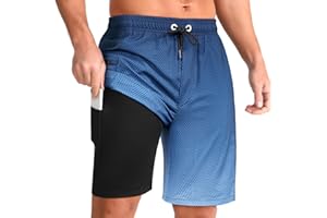 iCKER Men's Swimming Shorts with Compression Liner 2 in 1 Swimming Trunks Quick Dry 9 inch Inseam Board Shorts with Zipper Pockets