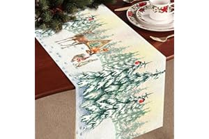 PATIMATE Runner da Tavola Natalizio Alberi Cervo, Tovaglia Natalizia Bianco Verde in Lino con Stampa di Albero di Natale Alci, Decorazioni Natalizie Tavolo per Feste Natale Cene di Famiglia(183 x 33 cm)