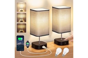 PBGMRT Bedside Lamps Set of 2 - Touch Lamps with USB-C+A Charging Ports, 3-Way Dimmable Table Lamp for Bedroom Living Room with Grey Fabric Shade (Bulbs Included)
