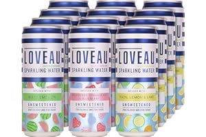 LOVEAU Sparkling Water - Infused with Real Fruit- Mixed Pack- 12 x 330ml Cans- Unsweetened. Zero Calories, NO Sugar or Sweeteners. 100% Natural