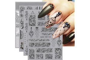 JMEOWIO 3D Nagelsticker Schwarz Weiß Blume Nail Art Sticker Selbstklebend Nagelaufkleber 5D Stereoskopisch Blumen Dekoration Nageldesign Zubehör 4 Blatt