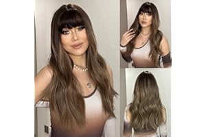 ‎TESTAR testar 26 Zoll Lange NatÜRliche Lockige Braune PerÜCken FÜR Frauen Lange Gewellte PerÜCke Mit Pony Synthetische Hitzebeständige HaarperÜCken FÜR Die Tägliche Party Cosplay Kleidung