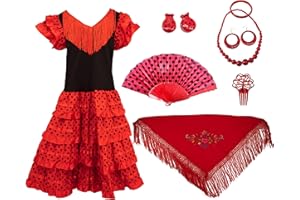 Gojoy shop - Disfraz de sevillana flamenco para niña, contiene: vestido, mantón y accesorios. (3 colores y 5 tallas diferentes.)