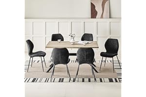 JIJIAN Set da Pranzo con Tavolo in Legno Chiaro e 6 Sedie Nere, Tavolo Rettangolare (140 x 80 x 76 cm) con 6 Sedie da Pranzo in Lino a Design Ergonomico, per Sala da Pranzo, Cucina e Salotto