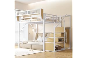 Wyibwy Letto a soppalco 140x200 cm in struttura metallo,letto a castello matrimoniale 140x200 con scaletta di sicurezza e vano contenitore flessibile,letto per bambini,senza materasso,Bianco
