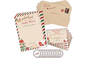Whaline Carta oficial de Navidad y certificado de Papá Noel, incluye 5 letras de escritura del Polo Norte, 5 unidades, certificado de lista agradable, 5 sobres, 10 calcomanías para niños y niñas