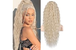 FLUFYMOOZ Ponytail Extension Pferdeschwanz Verlängerung, 66 cm Pferdeschwanz Haarverlängerung im Bohemian-Stil mit Kordelzug für Frauen, langer gelockter gewellter Pferdeschwanz (Kühles Blond)