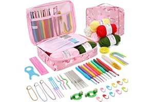 Luckits 59 kit all'uncinetto di PC per principianti, set di ganci all'uncinetto con custodia include 5 palline di filato all'uncinetto 21 ganci all'uncinetto, 6 aghi e più accessori all'uncinetto