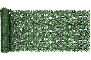 GENERIC 3 m x 1 m Artificial Ivy Leaf Green Hedge Roll with Artificial Flowers, Faux Ivy Privacy Fence Screen, Waterproof UV Protection Garden Screening for Indoor Outdoor Decor