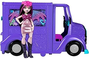 Monster High Tour Bus Rock Sang-sationnel Coffret avec poupée Draculaura et Tour Bus Rock Qui se transforme en scène, et Plus de 13 Accessoires sur Le thème de la Nourriture et de la Musique, HXH83