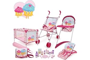 509 Crew 21 Piece Doll Stroll n Play & Care Combo Set, Doll Stroller, Doll Playard, Doll High Chair Set, Carry Cot, Diaper Bag, Feeding and Grooming Accessories, Ages 3+