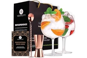 VEMACITY Set di 2 Bicchieri Gin Tonic di Lusso | Bicchiere Gin Tonic Fatto a Mano 700ml | Misurino Cocktail & Cucchiaio Oro Rosa | Bonus eBook di Ricette| Gin Tonic Kit Regalo | Bicchieri Gin Tonic Particolari
