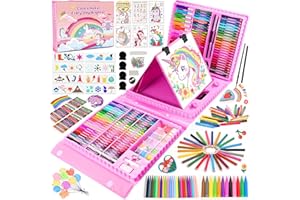 Goldge 230+ Pcs Art Set for Kids Ages 4-12, Art Supplies with Double-Sided Easel, Colouring Pencils, Crayons, Watercolours & Stencils | Portable Art Kit with Storage Box | Gift for Girls & Boys