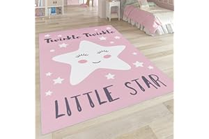 Paco Home Kids Rug, Large Rug, Star Moon and Check Patterns Pastel Colours, Size:80x150 cm, Colour:Pink 3
