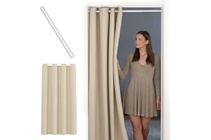 tinycurtains, Thermo Türvorhang mit Teleskopstange, einfache Montage in nur 1 Minute ohne Bohren (Türgardine beige H195 x B150 cm + Stange weiß B55-90 cm)