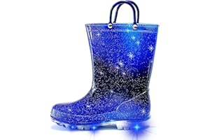 Greentiming Kids Wellies for Girls Boys, Toddler Wellies Light Up Glitter Waterproof Wellington Boots with Easy on Handles