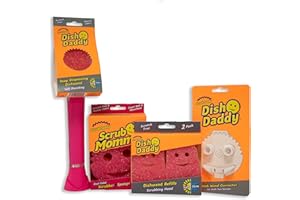 Scrub Daddy Dish Daddy Brosse Vaisselle avec Reservoir, 2 Têtes de Rechange, Scrub Mommy Eponge et Adaptateur, Manche Intégré avec Distributeur Liquide, Brosse Eponge - Rose