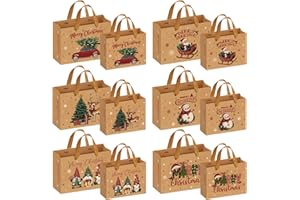 HRETVOI 12 Pezzi Buste Regalo natale, Grandi Piccoli sacchetti Regalo Natale, Varie Dimensioni Sacchetti Natalizi per Regali, Bustine Regali Natalizie Riutilizzabili, 6 Disegni Sacchettini Natalizi con Manici