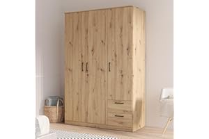 ‎FORTE FORTE NIKO Kleiderschrank 122, Schrank im Scandi-Stil mit 3 Türen und 2 Schubladen, Holzwerkstoff, Artisan Eiche Dekor, 122 cm breit, 185 cm hoch, 52,7 cm tief