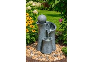 GEEZY Garden Water Feature – Ball Fountain with LED Lights & Sphere – Mains Powered, Self-Contained, Indoor & Outdoor – Easy Setup, Relaxing & Cascading – Perfect for Garden, Patio & Balcony Decor