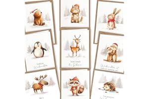 ‎LOVILEE LOViLEE Weihnachtskarten inkl. extra Umschläge & Sticker im 10er Geschenkset - hochwertige Klappkarten zu Weihnachten - Weihnachtskarten mit Umschlag Set - Schneetiere Aquarell