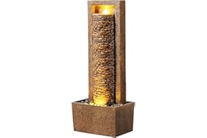 Teamson Home Garten Outdoor Brunnen Hoher Wasserfall mit warmen LED-Lichtern, Layered Rock Design, Robustes Polyresin, braunes Finish