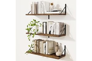 Feihorrm Floating Shelves, Wall Mounted Book Shelf with Brackets, 60 cm Wall Shelves, Set of 3, Wooden Shelves for Kitchen, Bathroom, Bedroom, Living Room(Vintage Brown, 60 x 20 cm)