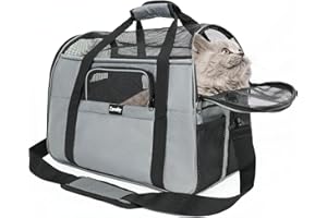 Zavothy Sac Transport Chat Chien, Sac Transport Respirant et Pliable, Caisse de Transport Chat avec Bandoulière Réglable, Matelas en Peluche Amovible, M, Gris