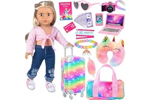 ZITA ELEMENT 23 PC 18 inch Doll Accessories Suitcase Rainbow Travel Set,Suitcase, Bag, Camera, Computer, Cell Phone, Neck Pillow, Eye Mask etc Gift for Birthday Christmas (Doll & Clothes not included)