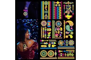 AZONELIFE 10 Hojas Neón Tatuajes Temporales, Neón Luminoso Tatuaje Temporal, Tatuajes Fiesta Luminoso, Tatuajes Fluorescentes Brillan Bajo Neon UV Luz Negra para Fiesta Festival